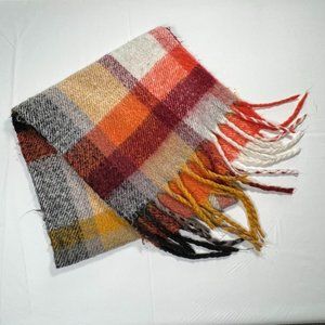 Blanket Scarf Wide Plaid in Orange Red Black Thick Tassel Fringe Harvest Holiday